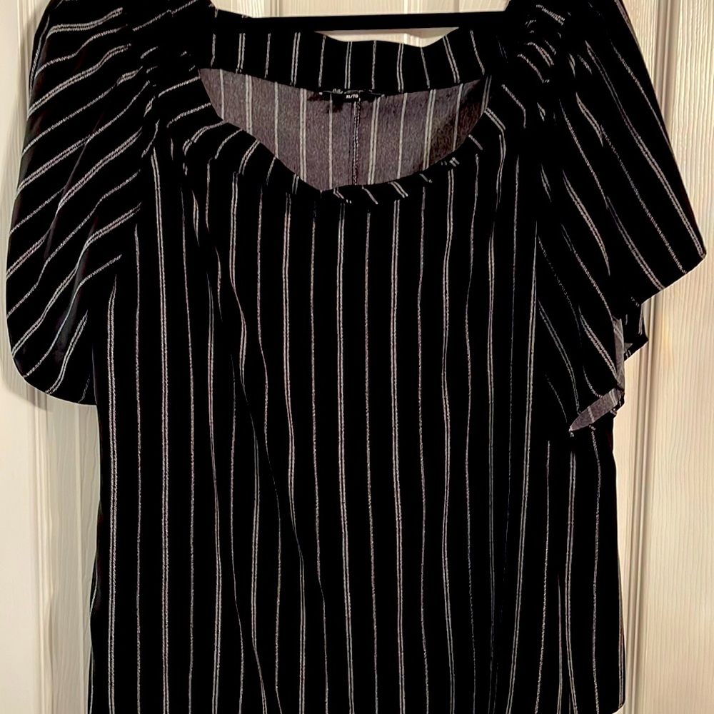 Black and white pin striped off the shoulder or on shoulder top